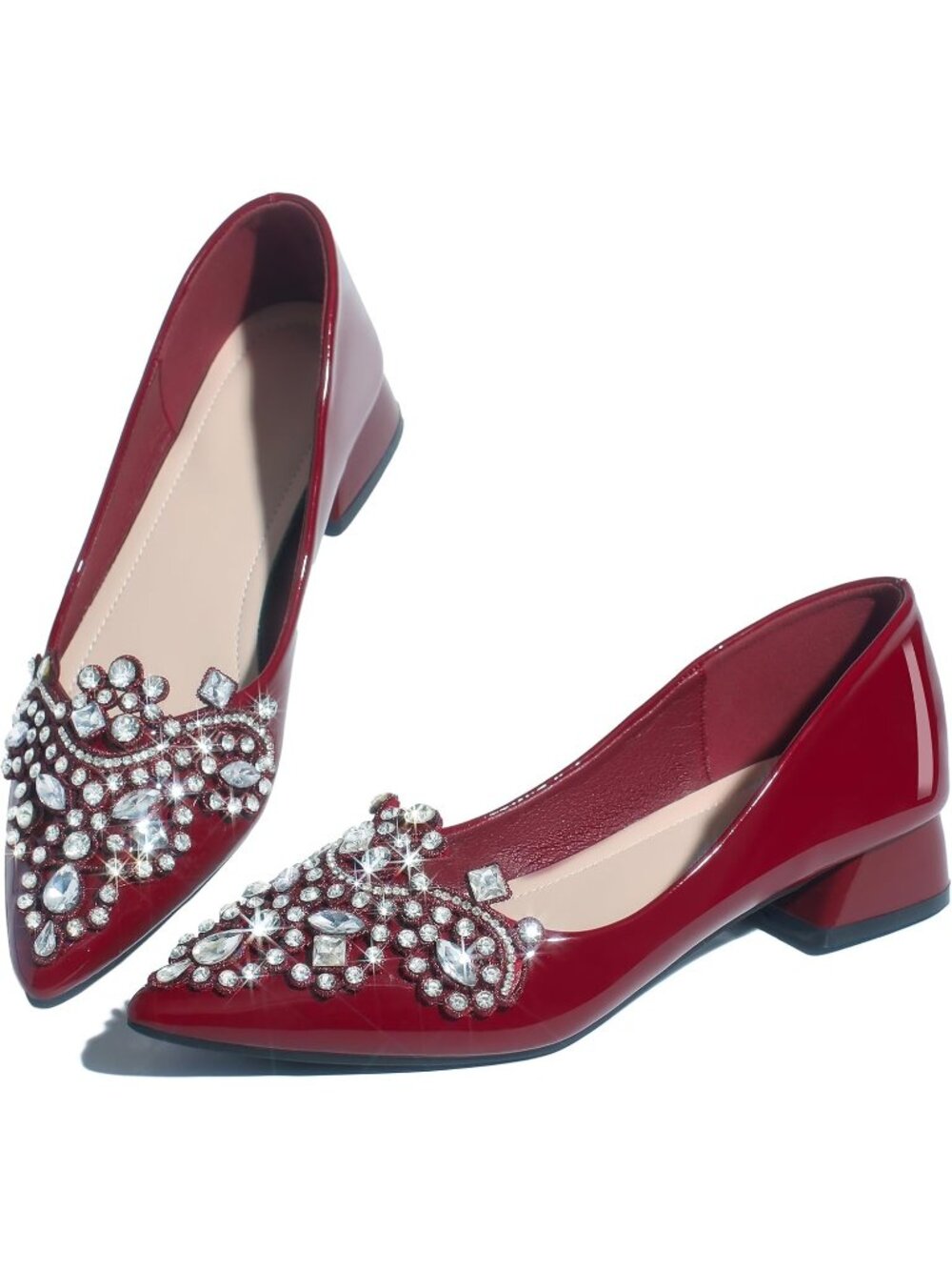 👑Women's burgundy Rhinestone Fashion Pointed Toe Pearl Diamond Low Heel  shoes
